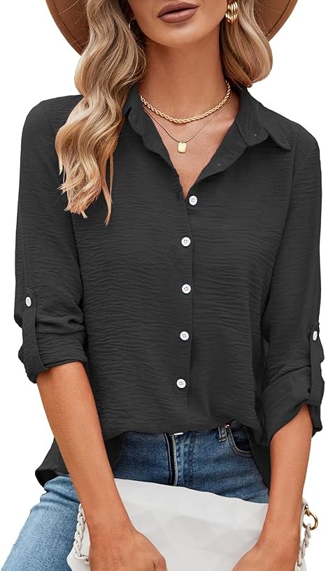 Womens Button Down Shirts V Neck Rolled Up Long Sleeve Tops Elegant Dressy Blouses Business Casual Outfits