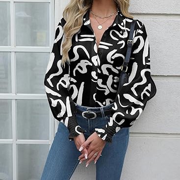 Womens Button Down Shirts Smocked Cuffed Blouse Printed Lantern Shirt Long Sleeve Top Collar Business Fashion