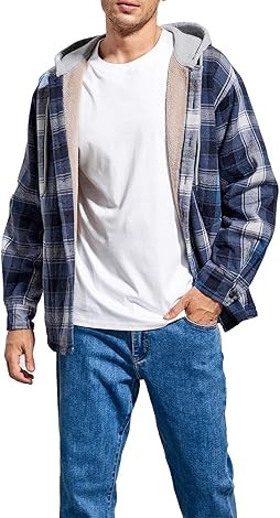 Men's Cotton Plaid Shirts Jacket Fleece Lined Flannel Shirts Sherpa Button Down Jackets with Hood for Men