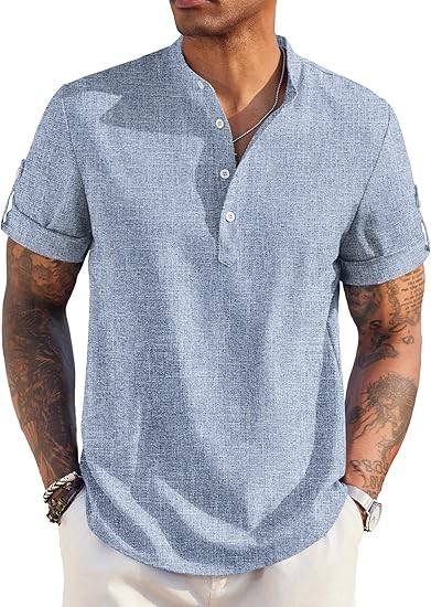 Men's Casual Henley Shirt Short Sleeve Band Collar Linen Shirt Summer Beach Hippie T-Shirts