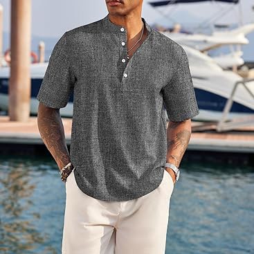 Men's Casual Henley Shirt Short Sleeve Band Collar Linen Shirt Summer Beach Hippie T-Shirts