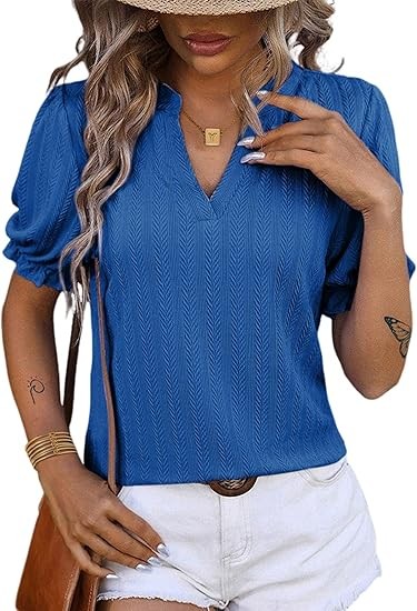 Womens Summer Short Puff Sleeves Blouses Shirts V Neck Cute Solid Knit Textured Casual Regular Fit Tops