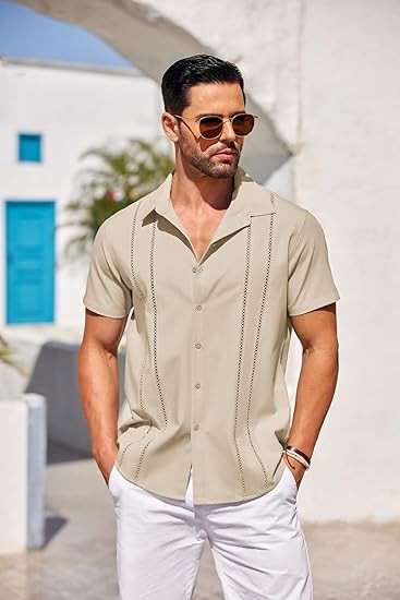 Men's Cuban Guayabera Shirt Short Sleeve Button Down Shirts Casual Summer Beach Linen Shirts