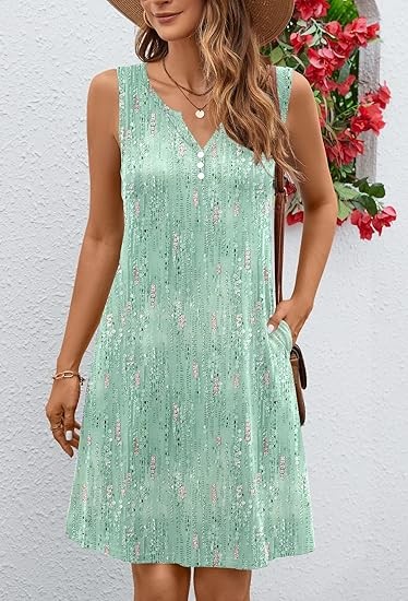 Summer Dresses for Women 2024 Beach Loose Casual A Line Dress Sleeveless V-Neck Sundress with Pockets