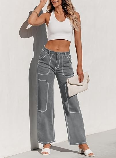 Women's Cargo Jeans Casual Loose Mid Rise Wide Leg Denim Pants