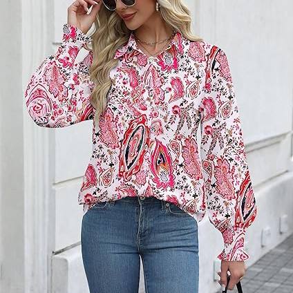 Womens Button Down Shirts Smocked Cuffed Blouse Printed Lantern Shirt Long Sleeve Top Collar Business Fashion
