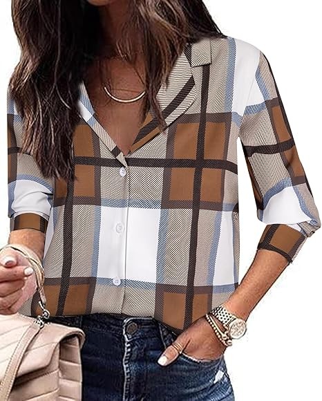 Women Pattern Print Button Down Blouse Top Long Sleeve Work Business Shirt
