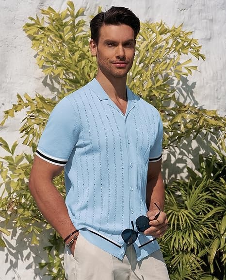 Alimens & Gentle Men's Knit Button Down Shirt Short Sleeve Vintage Cuban Polo Shirts for Men Casual Beach Tops