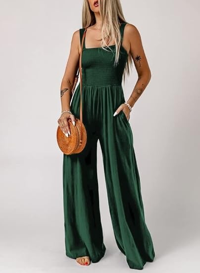 Women's Casual Loose Overalls Jumpsuits One Piece Sleeveless Wide Leg Long Pant Rompers With Pockets