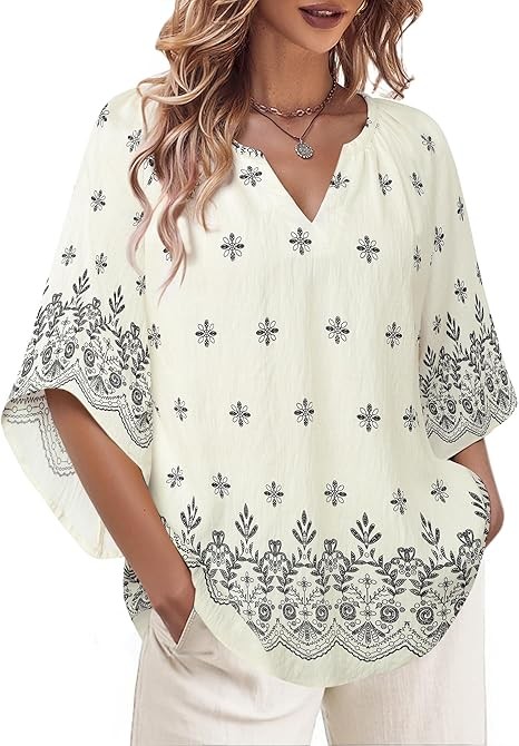 Womens 3/4 Sleeve V Neck Bohemian Peasant Blouses Casual Loose Fit Tunic Tops