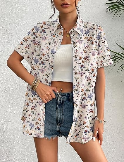 Womens Button Down Linen Shirt Short Sleeve Cotton Blouse Summer Casual Loose Fit Beach Tops
