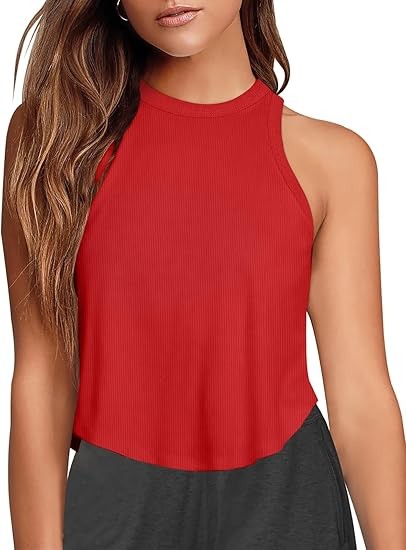 Womens Crop Tops Sleeveless Workout Tops Halter Neck Flowy Athletic Shirts Cropped Tank Muscle Tank