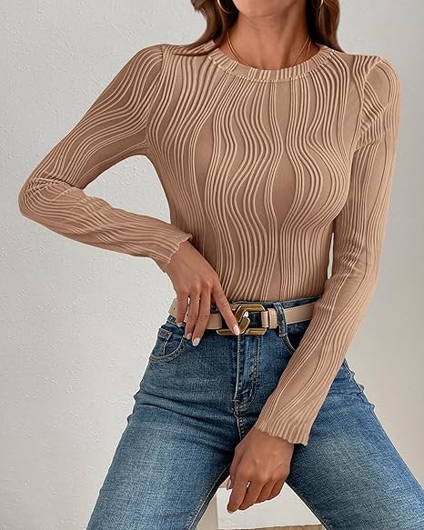 Women's Tops 2025 Cute Long Sleeve Crewneck Blouses Plain Slim Fit Fall Shirts Textured Knit Basic T Shirts