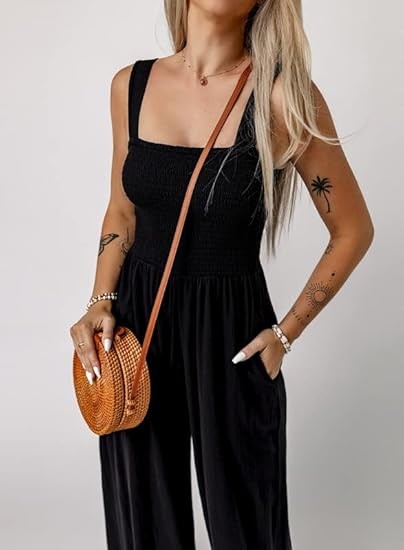 Women's Casual Loose Overalls Jumpsuits One Piece Sleeveless Wide Leg Long Pant Rompers With Pockets