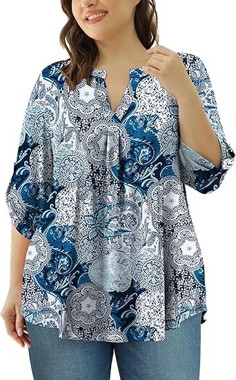 Womens Tops Dressy Casual 3/4 Sleeve Shirts Tunic Blouses Plus Size Tops for Women