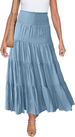 Women's Summer Flowy Boho Maxi Skirt Trendy Drawstring Elastic High Waist Pleated Tiered A Line Beach Long Skirts