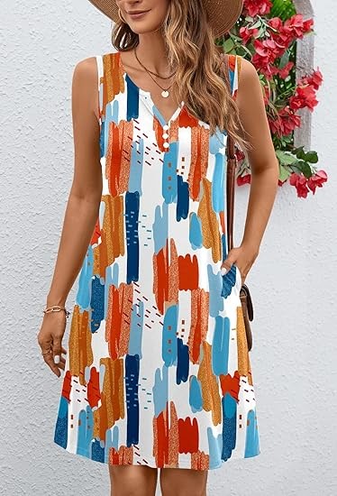 Summer Dresses for Women 2024 Beach Loose Casual A Line Dress Sleeveless V-Neck Sundress with Pockets
