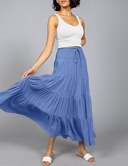 Women's Summer Flowy Boho Maxi Skirt Trendy Drawstring Elastic High Waist Pleated Tiered A Line Beach Long Skirts