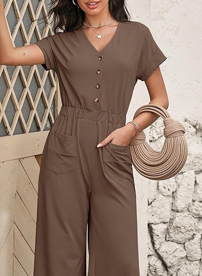 Womens Jumpsuits Dressy Summer Outfits 2025 Casual Short Sleeves Button Down Wide Leg Rompers with Pockets
