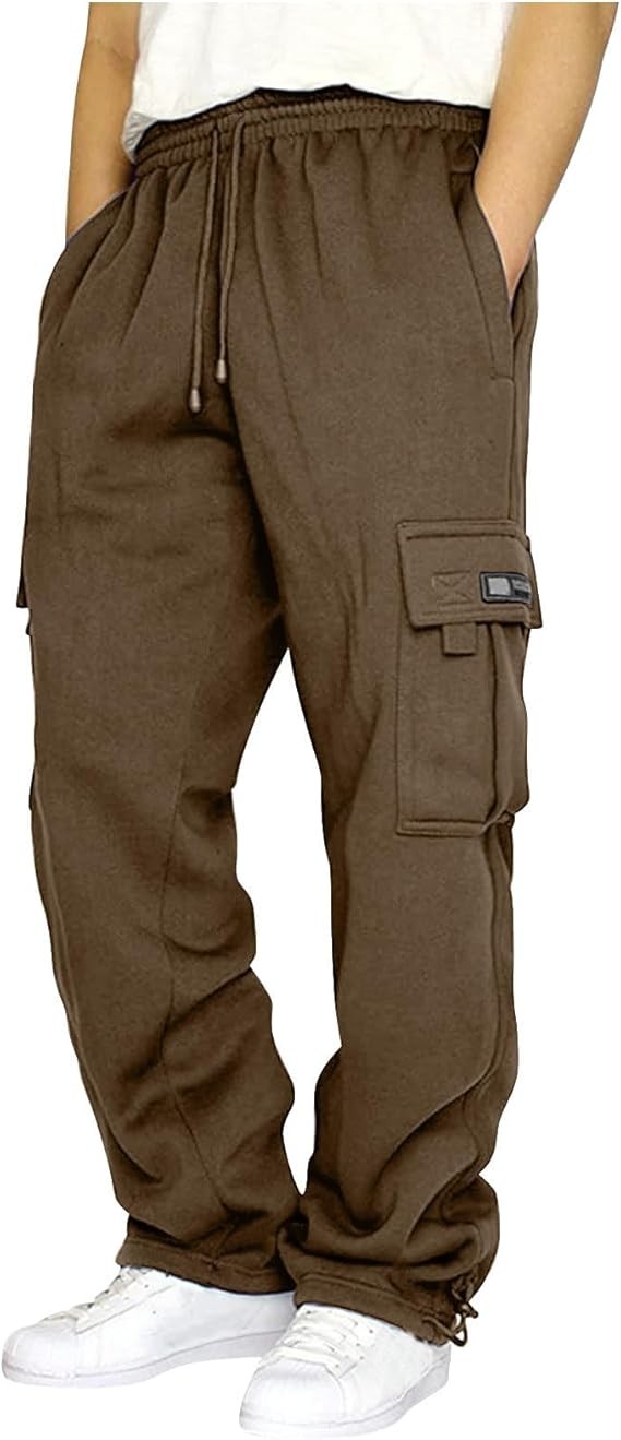 Men's Cargo Sweatpants Casual Fleece Joggers Loose Fit Open Bottom Athletic Pants for Men with Pockets