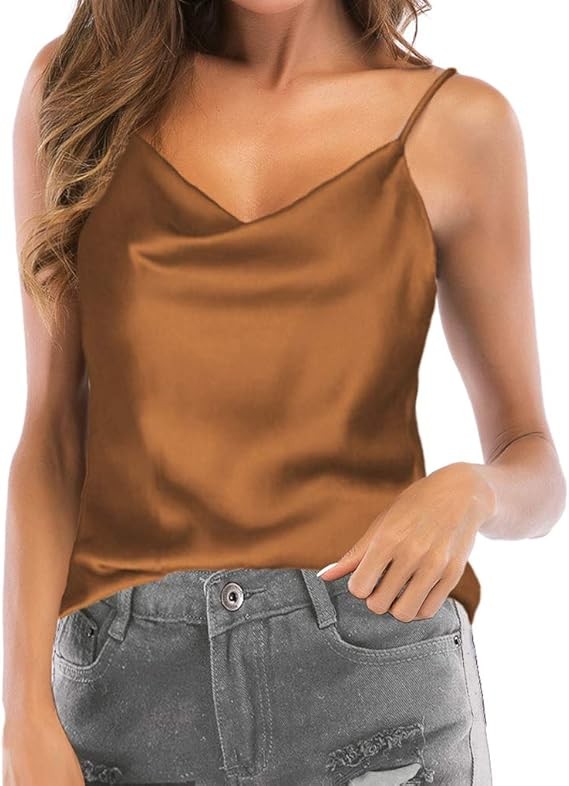 Women's Silk Satin Camisole Cowl Neck Tank Top Cami Silky Basic Tank Shirt Blouses