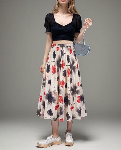 Womens Skirt Leopard Print Midi Long Shirring Pleated Skirts High Waisted A Line Skirts