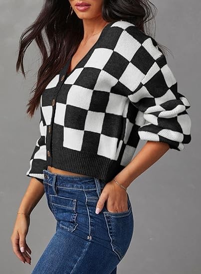 Womens Checkered V Neck Button Down Long Sleeve Cable Knit Cropped Cardigan Sweaters Tops