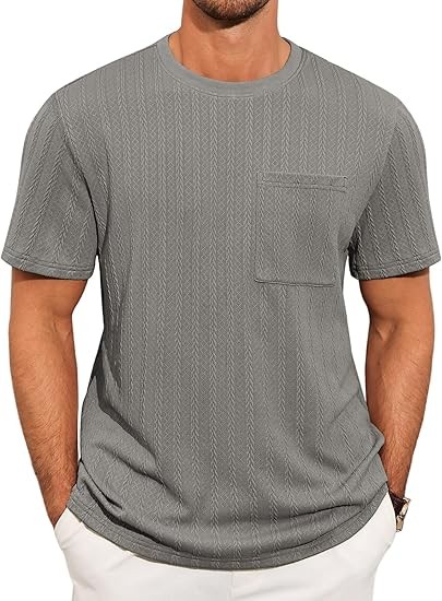Mens Short Sleeve T-Shirts Casual Knit Texture Crewneck Pocket Tee Tops Loose Fit Summer Shirt