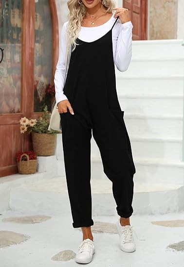 Womens Casual Sleeveless Jumpsuits Spaghetti Strap Loose Romper Long Pants with Pockets