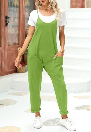 Womens Casual Sleeveless Jumpsuits Spaghetti Strap Loose Romper Long Pants with Pockets