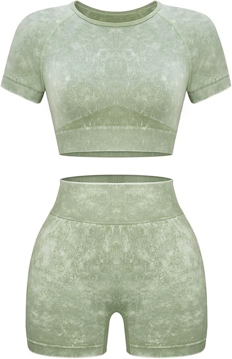 Womens Workout Sets 2 Piece - Seamless Acid Wash Yoga Outfits Shorts and Crop Top Matching Gym Athletic Clothing Set