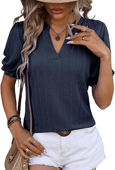 Womens Summer Short Puff Sleeves Blouses Shirts V Neck Cute Solid Knit Textured Casual Regular Fit Tops