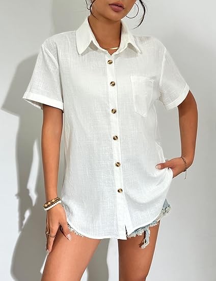 Womens Button Down Linen Shirt Short Sleeve Cotton Blouse Summer Casual Loose Fit Beach Tops