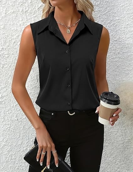 Womens Sleeveless Button Down Shirt Tops V Neck Business Casual Collared Blouses Tank Top