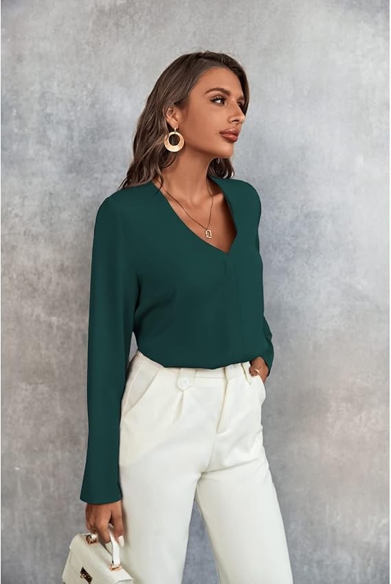 Women's Long Sleeve Shirts V Neck Business Casual Plain Work Blouses Tops