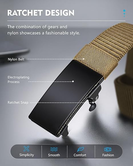 Men's Ratchet Web Belt, 1.25 inch Nylon Automatic Buckle Belt, No Holes Invisible Belt for Men