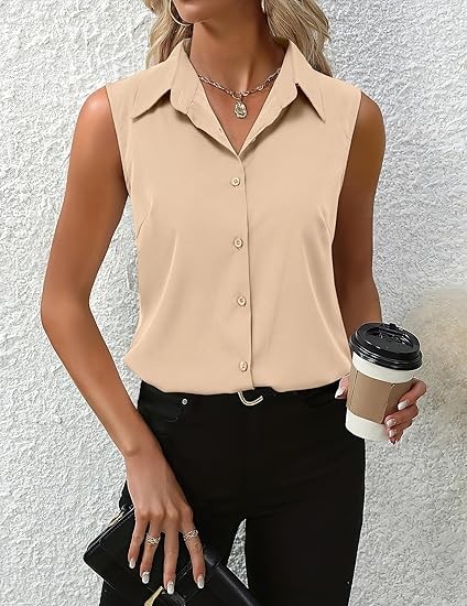 Womens Sleeveless Button Down Shirt Tops V Neck Business Casual Collared Blouses Tank Top