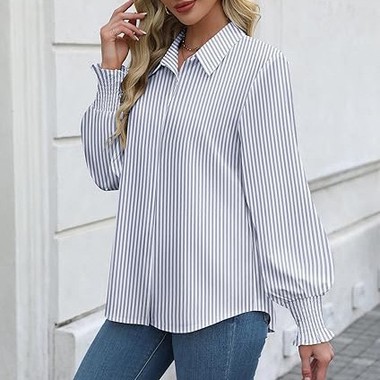 Womens Button Down Shirts Smocked Cuffed Blouse Printed Lantern Shirt Long Sleeve Top Collar Business Fashion