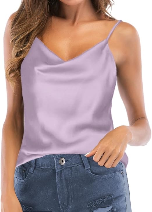 Women's Silk Satin Camisole Cowl Neck Tank Top Cami Silky Basic Tank Shirt Blouses