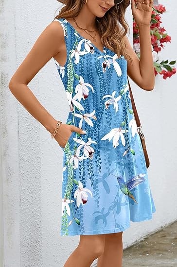 Summer Dresses for Women 2024 Beach Loose Casual A Line Dress Sleeveless V-Neck Sundress with Pockets