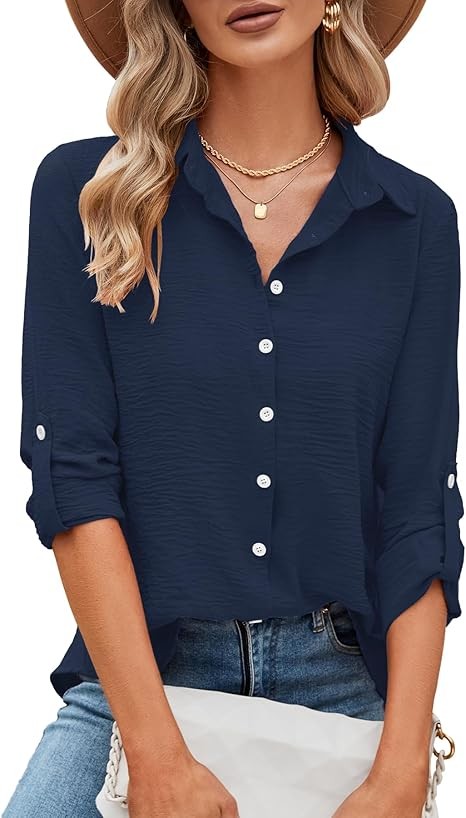 Womens Button Down Shirts V Neck Rolled Up Long Sleeve Tops Elegant Dressy Blouses Business Casual Outfits
