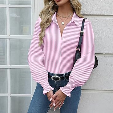Womens Button Down Shirts Smocked Cuffed Blouse Printed Lantern Shirt Long Sleeve Top Collar Business Fashion