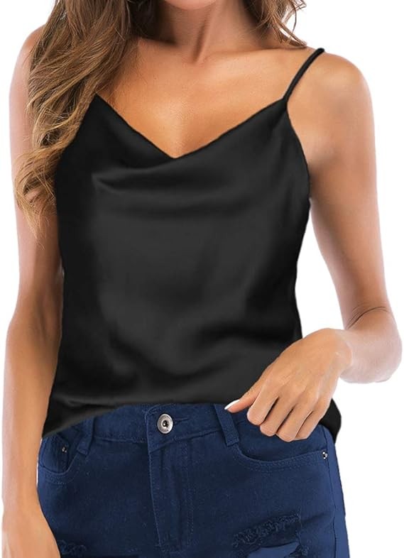Women's Silk Satin Camisole Cowl Neck Tank Top Cami Silky Basic Tank Shirt Blouses