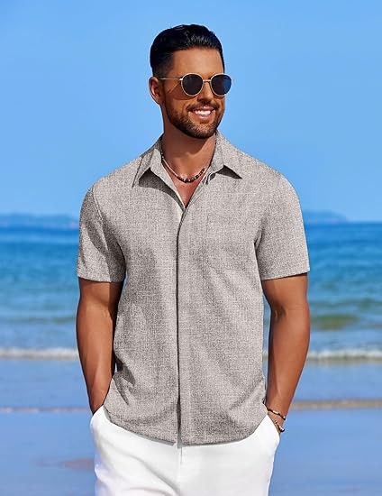 Men's Casual Linen Beach Shirt Short Sleeve Button Down Summer Shirt Untucked Vacation Wedding Hawaiian Shirts