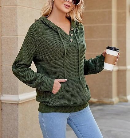 Fall Womens Oversized Hoodies Knit V Neck Sweaters Fashion Casual Pullover Tops