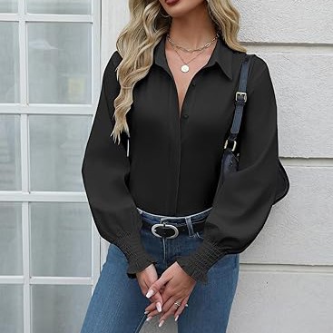 Womens Button Down Shirts Smocked Cuffed Blouse Printed Lantern Shirt Long Sleeve Top Collar Business Fashion