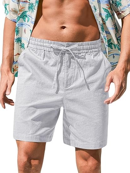 Mens Cotton Linen Shorts Casual Drawstring 7inch Inseam Shorts Stretch Summer Beach Wear