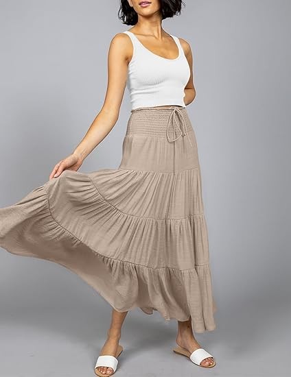 Women's Summer Flowy Boho Maxi Skirt Trendy Drawstring Elastic High Waist Pleated Tiered A Line Beach Long Skirts