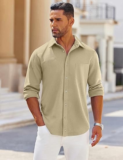 Mens Long Sleeve Button Down Shirts Wrinkle Free Shacket Jacket Stretch Casual Overshirt