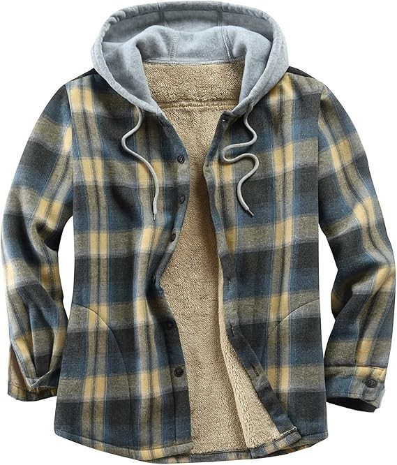 Men's Cotton Plaid Shirts Jacket Fleece Lined Flannel Shirts Sherpa Button Down Jackets with Hood for Men